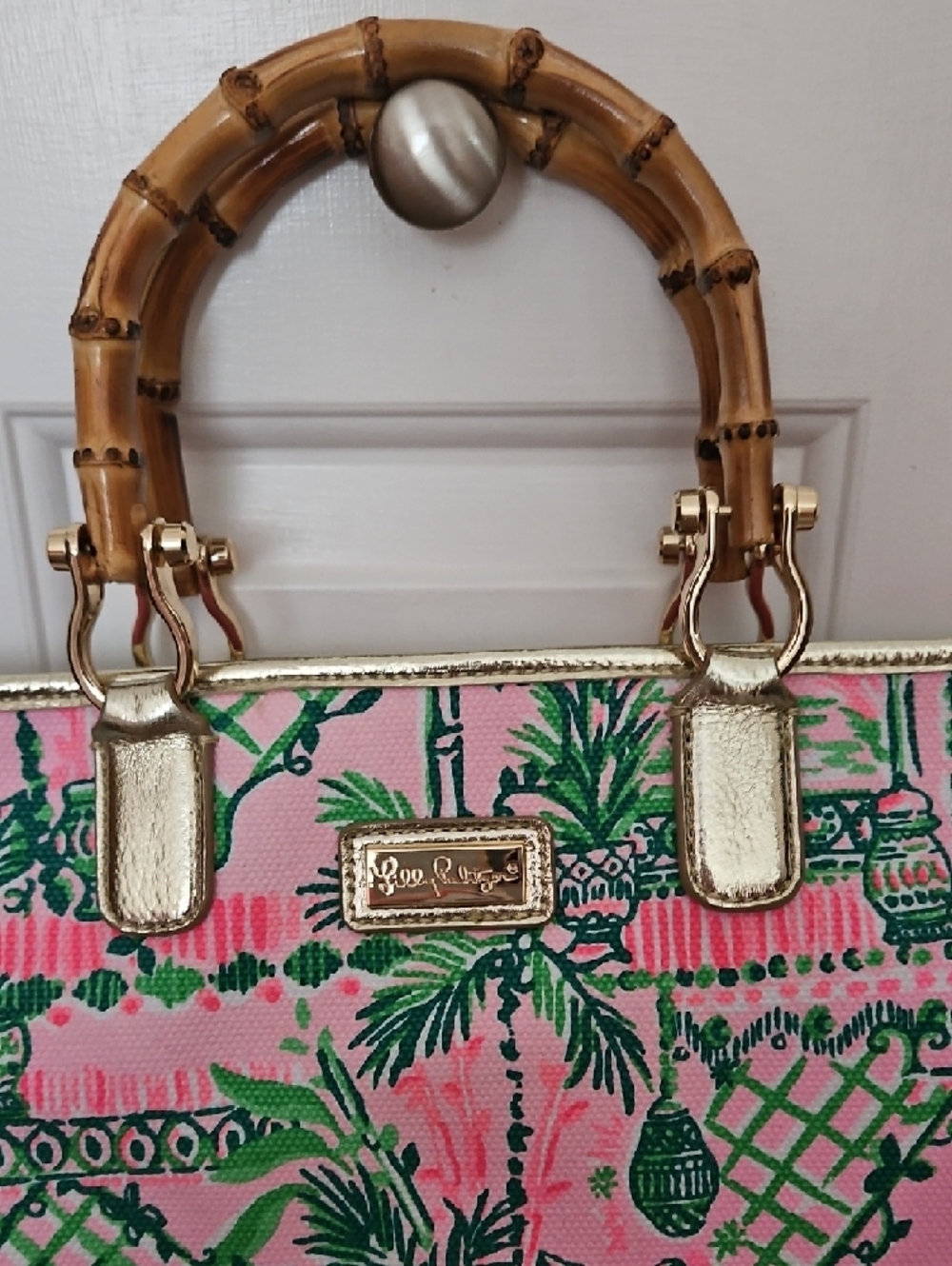 Lilly Pulitzer Pink & Green Tropical Tote with Bamboo Handles - Picture 2 of 10